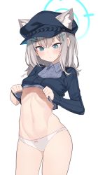 Rule 34 | 1girl, absurdres, alternate costume, animal ear fluff, animal ears, blue archive, blue eyes, casual, clothes lift, cross hair ornament, extra ears, goyain, grey hair, hair ornament, halo, hat, highres, lifting own clothes, medium hair, midriff, mismatched pupils, navel, no pants, panties, shiroko (blue archive), shirt lift, simple background, underwear, white background, white panties