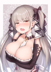 Rule 34 | 1girl, arms under breasts, azur lane, bare shoulders, between breasts, black dress, blush, breasts, cleavage, contllenge, dress, formidable (azur lane), frilled dress, frills, grey hair, hair ribbon, half-closed eyes, highres, jewelry, large breasts, long hair, long sleeves, looking at viewer, open mouth, red eyes, ribbon, rigging, solo, twintails, two-tone dress, two-tone ribbon, very long hair