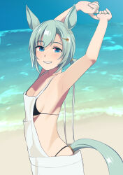 Rule 34 | 1girl, absurdres, alternate costume, animal ears, arms up, bare shoulders, beach, bikini, black bikini, blue eyes, breasts, commentary request, cowboy shot, from side, hair between eyes, hair ornament, hairclip, highres, horse ears, horse girl, horse tail, kumabachi315, ocean, outdoors, overalls, sand, seiun sky (umamusume), short hair, short ponytail, sideboob, small breasts, smile, solo, swimsuit, tail, umamusume, water, white overalls