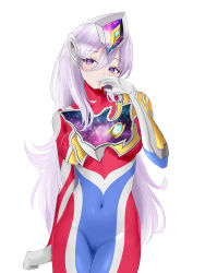 Rule 34 | 1girl, absurdres, blue bodysuit, bodysuit, breasts, chinese commentary, clenched hand, covered navel, floating hair, genderswap, genderswap (mtf), gloves, highres, humanization, long hair, looking to the side, medium breasts, multicolored bodysuit, multicolored clothes, purple eyes, purple hair, red bodysuit, skin tight, ultra series, ultraman decker, ultraman decker (series), white background, white gloves, yi (user jwth4284)