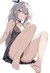 Rule 34 | 1girl, ahoge, alien adviser, ass, babydoll, bare arms, bare legs, bare shoulders, barefoot, black babydoll, black choker, black panties, breasts, choker, counter:side, feet, frown, gaeun (counter:side), grey hair, hair ribbon, highres, knees up, lace trim, lingerie, long hair, looking at viewer, medium breasts, panties, parted lips, ponytail, ribbon, simple background, soles, solo, thighs, toes, underwear, very long hair, white background, yellow eyes