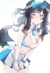 Rule 34 | 1girl, animal ears, bare shoulders, black hair, blue archive, blue eyes, blue ribbon, blush, bracelet, breasts, cheerleader, cleavage, crop top, dog ears, dog girl, dog tail, eyewear on head, goggles, goggles on head, halo, hibiki (blue archive), hibiki (cheer squad) (blue archive), highres, jewelry, leaning forward, long hair, looking at viewer, medium breasts, millennium cheerleader outfit (blue archive), miniskirt, multicolored hair, munikomamu, navel, official alternate costume, ribbon, simple background, skirt, solo, sunglasses, tail, thighs, white background