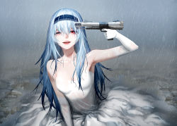 Rule 34 | 1girl, ;d, bad id, bad pixiv id, breasts, commentary, dress, elbow gloves, finger on trigger, girls&#039; frontline, gloves, gun, hair between eyes, hairband, half-closed eyes, highres, holding, holding gun, holding weapon, long hair, looking at viewer, muzzle device, one eye closed, open mouth, outdoors, prototype design, rain, red eyes, rifle-caliber handgun, rifle-caliber pistol, scar, scar on neck, sidelocks, silver hair, sitting, smile, solo, strapless, strapless dress, tearing up, thunder (girls&#039; frontline), torn clothes, triple action, triple action thunder, weapon, wedding dress, wet, wet clothes, white dress, white gloves, wowehlswkd