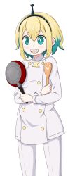 Rule 34 | 1girl, :d, amano pikamee, black hairband, blonde hair, chef, crossed arms, frying pan, green eyes, green hair, hairband, highres, holding, jacket, lagunazero, long sleeves, looking away, multicolored hair, open mouth, pants, sharp teeth, short hair, signature, simple background, smile, solo, spatula, standing, teeth, tomoe (amano pikamee), two-tone hair, virtual youtuber, voms, white background, white jacket, white pants