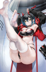 Rule 34 | 1girl, absurdres, armpits, arms up, ass, azur lane, black choker, black footwear, black hair, black jacket, black nails, blue hair, boots, breasts, car, choker, cleavage, closed mouth, colored inner hair, commentary request, criss-cross halter, crop top, ear piercing, feet, full body, hair between eyes, halterneck, high heel boots, high heels, highres, horns, jacket, large breasts, legs, legs up, light blush, long sleeves, looking at viewer, lying, mechanical horns, motor vehicle, multi-strapped panties, multicolored hair, multicolored nails, navel, no shoes, official alternate costume, on back, on vehicle, piercing, porsche, race queen, red horns, red nails, short hair, skindentation, sleeves past wrists, soles, solo, spiked choker, spikes, stomach, thighhighs, thighs, toes, two-sided fabric, two-sided jacket, ulrich von hutten (azur lane), ulrich von hutten (ignition matrician) (azur lane), unworn boots, white hair, white thighhighs, xun li eins, yellow eyes, zipper pull tab