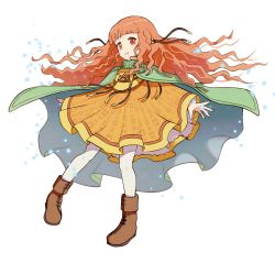 Rule 34 | 1girl, boots, cape, fire emblem, fire emblem: radiant dawn, full body, gonzarez, hair ornament, highres, long hair, nintendo, orange hair, parted lips, red eyes, simple background, solo, white background, white legwear, yune (fire emblem)
