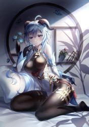 Rule 34 | absurdres, ahoge, bare shoulders, bed, bell, black gloves, black legwear, blue hair, book, breasts, bug, butterfly, chinese knot, curled horns, detached sleeves, ganyu (genshin impact), genshin impact, gloves, gold trim, highres, horns, indoors, insect, long hair, looking at viewer, medium breasts, neck bell, no shoes, pillow, prothymos, purple eyes, sitting, tassel, thighlet, vision (genshin impact), white sleeves, yokozuwari