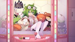 Rule 34 | 1girl, :o, bags under eyes, benghuai xueyuan, character name, crane game, eyewear on head, full body, green eyes, green hair, hair between eyes, hand on own cheek, hand on own face, highres, honkai (series), jacket, long hair, long sleeves, open mouth, solo, stuffed animal, stuffed toy, thighhighs, third-party source, white thighhighs, yellow jacket, yssring leavtruth