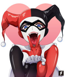 Rule 34 | 1girl, batman (series), between breasts, blue eyes, bodysuit, breasts, cunnilingus gesture, dc comics, domino mask, drooling, facepaint, facing viewer, fangs, gloves, harley quinn, heart, looking at viewer, mask, naughty face, open mouth, oral invitation, red gloves, saliva, simple background, smile, solo, teng zhai zi, tongue, tongue out, upper body, v over mouth, white background