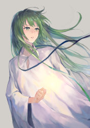 Rule 34 | 1boy, androgynous, commentary request, enkidu (fate), fate/strange fake, fate (series), green eyes, green hair, grey background, highres, kobutakurassyu, long hair, long sleeves, male focus, parted lips, robe, simple background, solo, upper body, white robe, wide sleeves