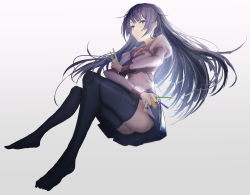 Rule 34 | 1girl, ass, bakemonogatari, between fingers, black thighhighs, blue eyes, blue necktie, blue skirt, boxcutter, breasts, closed mouth, collared shirt, commentary, gradient background, grey background, holding, invisible chair, juliet sleeves, kyafu, legs, long hair, long sleeves, looking at viewer, medium breasts, monogatari (series), naoetsu high school uniform, necktie, no shoes, pen, pencil, pink shirt, pleated skirt, puffy sleeves, purple hair, school uniform, senjougahara hitagi, shiny clothes, shirt, sidelocks, sitting, skirt, solo, stapler, thighhighs, toes