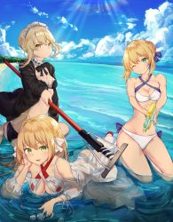 Rule 34 | 3girls, ahoge, artoria pendragon (all), artoria pendragon (alter swimsuit rider) (fate), artoria pendragon (alter swimsuit rider) (second ascension) (fate), artoria pendragon (fate), artoria pendragon (swimsuit archer) (first ascension) (fate), beach, bikini, bikini top only, black bikini, blonde hair, blush, bracelet, breasts, cloud, criss-cross halter, day, fate/grand order, fate (series), fingers to mouth, frill trim, frills, green eyes, halterneck, highres, jacket, jewelry, large breasts, long hair, looking at viewer, maid headdress, mosta (lo1777789), multiple girls, navel, nero claudius (fate), nero claudius (fate) (all), nero claudius (swimsuit caster) (fate), nero claudius (swimsuit caster) (third ascension) (fate), ocean, one eye closed, open clothes, open jacket, saber alter, seiza, short hair, sidelocks, sitting, sky, small breasts, smile, striped bikini, striped bikini top, striped clothes, swimsuit, twintails, water, water gun, yellow eyes