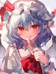 Rule 34 | 1girl, ame929, ascot, blush, closed mouth, collared shirt, fork, hair between eyes, hat, hat ribbon, highres, holding, holding fork, looking at viewer, mob cap, pointy ears, puffy short sleeves, puffy sleeves, purple hair, red ascot, red eyes, red ribbon, remilia scarlet, ribbon, shirt, short hair, short sleeves, smile, solo, touhou, upper body, white hat, white shirt, wrist cuffs