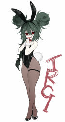 Rule 34 | 1girl, alternate costume, alternate hairstyle, animal ears, antenna hair, azur lane, black leotard, byulzzi, dark green hair, fake animal ears, fake tail, full body, green hair, hair between eyes, hair bun, highleg, highleg leotard, leotard, long hair, open mouth, pantyhose, playboy bunny, rabbit ears, red eyes, shaded face, shiny clothes, simple background, skindentation, smile, solo, strapless, strapless leotard, tail, thigh strap, thighs, torricelli (azur lane), very long hair, white background, wide hips