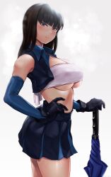 Rule 34 | 1girl, absurdres, bandeau, black hair, black skirt, black vest, blue gloves, breasts, brown eyes, closed umbrella, cowboy shot, elbow gloves, girls und panzer, gloves, hand on own hip, highres, large breasts, long hair, looking at viewer, mature female, midriff, nishizumi shiho, planted, planted umbrella, pleated skirt, race queen, revision, simple background, skirt, solo, standing, straight hair, umbrella, underboob, vest, wa (genryusui), white background