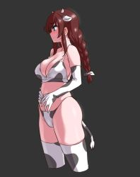 Rule 34 | 1girl, animal ears, bikini, black background, blue eyes, braid, breasts, brown hair, cleavage, commentary request, cow ears, cow horns, cow tail, cropped legs, elbow gloves, gloves, horns, kantai collection, large breasts, long hair, noshiro (kancolle), simple background, solo, standing, swept bangs, swimsuit, tail, tamu (mad works), thighhighs, twin braids, white bikini, white gloves, white thighhighs