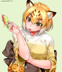 Rule 34 | 10s, 1girl, animal ears, bare arms, blonde hair, dated, food, frozen fruit, fruit, green background, hair between eyes, hand up, happa (cloverppd), holding, jaguar (kemono friends), jaguar ears, jaguar print, japanese clothes, kemono friends, kimono, looking down, multicolored hair, obi, popsicle, sash, short hair, short sleeves, signature, simple background, solo, tongue, tongue out, tsurime, upper body, watermelon, watermelon bar, wet, wide sleeves