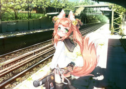 Rule 34 | 1girl, absurdres, animal ears, artist request, bag, bell, belt, bench, bird, black thighhighs, blush, bottle, bow, breasts, bridge, bug, building, card, charm (object), cloud, concrete, day, door, earrings, english text, fence, fox ears, fox tail, frilled thighhighs, frills, garter straps, glasses, grass, green eyes, highres, holding, holding bag, jewelry, lamppost, long hair, looking at viewer, looking back, medium breasts, moss, new york, original, pedestrian bridge, pigeon, pink hair, plaid, plaid skirt, plant, power lines, railing, railroad tracks, real world location, red-framed eyewear, ribbon, rooftop, rust, scenery, school bag, school uniform, shadow, shiro dai kitsune, shirt, sign, silk, skirt, sky, smile, solo, spider, spider web, stairs, sunlight, tactile paving, tail, thighhighs, train station, tree, tree shade, tube, twintails, vanishing point, window, zettai ryouiki