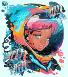 Rule 34 | 1girl, animal, artist name, astronaut, blue background, blue eyes, bubble, commentary, dark-skinned female, dark skin, earpiece, earrings, english commentary, facial mark, fins, fish, fish tail, geneva bowers, helmet, jewelry, looking at viewer, original, parted lips, pink hair, portrait, shell, shell earrings, short hair, simple background, solo, space helmet, spiral, star (symbol), striped, tail, water, watermark, yellow pupils