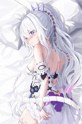 Rule 34 | 1girl, back, backless dress, backless outfit, bed, blush, breasts, circlet, closed mouth, dakimakura (medium), dress, hair ornament, highres, honkai (series), honkai impact 3rd, kiana kaslana, kiana kaslana (herrscher of finality), long hair, looking at viewer, looking back, lying, medium breasts, on side, pillow, ponytail, solo, very long hair, white dress, white hair, yaomiaomiao