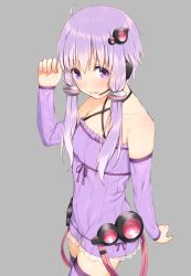 Rule 34 | 1girl, blush, headset, highres, long hair, long sleeves, looking at viewer, mikazuchi zeus, open mouth, purple eyes, purple hair, purple thighhighs, short hair with long locks, smile, solo, teeth, thighhighs, twintails, vocaloid, voiceroid, yuzuki yukari