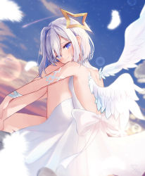 Rule 34 | 1girl, amane kanata, angel, angel wings, backless outfit, bare legs, blue eyes, blue hair, closed mouth, dress, feathers, hair ornament, highres, hololive, light blue hair, looking at viewer, sese nagi, short hair, sitting, sky, smile, star (symbol), star hair ornament, virtual youtuber, white dress, wings