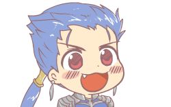 Rule 34 | 1boy, blue hair, blush, cu chulainn (fate), cu chulainn (fate/stay night), earrings, fang, fate/stay night, fate (series), gyate gyate, ikiyouz, jewelry, male focus, open mouth, portrait, red eyes, short hair, simple background, solo, transparent background