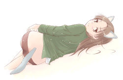 Rule 34 | 00s, 1girl, animal ears, back, brown eyes, brown hair, long hair, looking back, lying, minna-dietlinde wilcke, panties, solo, strike witches, tail, takahashi mugi, underwear, world witches series