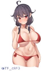Rule 34 | 1girl, absurdres, ahoge, bikini, breasts, hair flaps, highres, kantai collection, large breasts, low twintails, lowleg, lowleg bikini, parted lips, purple hair, red bikini, red eyes, side-tie bikini bottom, simple background, solo, swimsuit, taigei (kancolle), tf cafe, thigh gap, twintails, twitter username, white background