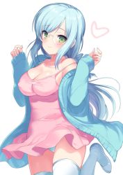 Rule 34 | 1girl, arms up, blue cardigan, blue hair, breasts, cardigan, cleavage, dress, emily (pure dream), glasses, green eyes, heart, highres, large breasts, leg lift, long hair, no bra, off shoulder, original, panties, panty peek, pink dress, ponytail, ribbon, shoes, short dress, simple background, smile, solo, standing, standing on one leg, sundress, thighhighs, underwear, white background, white panties, white thighhighs, wind, wind lift