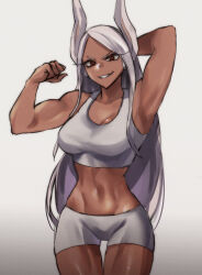 Rule 34 | 1girl, animal ears, arm behind head, armpits, bare arms, bare shoulders, bike shorts, boku no hero academia, breasts, clenched hand, collarbone, dark-skinned female, dark skin, flexing, grin, highres, large breasts, long eyelashes, long hair, looking at viewer, midriff, mirko, muscular, muscular female, navel, parted bangs, rabbit ears, rabbit girl, red eyes, short shorts, shorts, smile, solo, sports bra, stomach, thigh gap, thighs, tommy (kingdukeee), toned, white background, white hair, white shorts, white sports bra