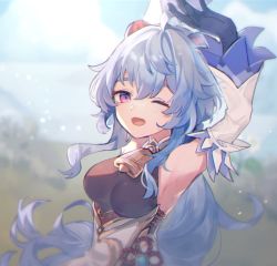 Rule 34 | ahoge, armpits, arms up, bell, black gloves, blue hair, breasts, chinese knot, detached sleeves, flower knot, ganyu (genshin impact), genshin impact, gloves, gold trim, highres, horns, kkn0kk, long hair, looking at viewer, low ponytail, medium breasts, neck bell, one eye closed, open mouth, outstretched arm, purple eyes, sidelocks, smile, solo, upper body, vision (genshin impact), white sleeves, yawning