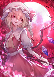 Rule 34 | 1girl, 33 gaff, alternate eye color, animal, ascot, back bow, bat (animal), bat wings, belt, blonde hair, blood, blood on face, bow, breasts, cloud, cloudy sky, collared shirt, commentary request, crystal, dress, eyes visible through hair, fang, fangs, flandre scarlet, flying, frilled sleeves, frills, full moon, gradient legwear, hair between eyes, hand up, hat, hat ribbon, head tilt, jewelry, laevatein (touhou), looking at viewer, medium breasts, mob cap, moon, moonlight, multicolored wings, night, night sky, one side up, open mouth, pink eyes, pink ribbon, polearm, puffy short sleeves, puffy sleeves, red background, red dress, red ribbon, red sky, red theme, ribbon, ribbon-trimmed headwear, ribbon trim, shirt, short hair, short sleeves, sky, smile, solo, spear, spear the gungnir, standing, teeth, touhou, upper teeth only, weapon, white bow, white hat, wings, wrist cuffs, yellow ascot