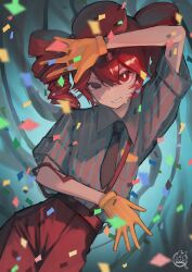 1girl arm_up artist_logo black_necktie clenched_teeth collared_shirt confetti cowboy_shot drill_hair flat_chest gloves grey_shirt hat hemorina highres kasane_teto logo looking_at_viewer mesmerizer_(vocaloid) necktie pants red_eyes red_hair red_hat red_pants shirt short_hair short_sleeves single_empty_eye solo suspenders sweat synthesizer_v teeth twin_drills utau v-shaped_eyebrows yellow_gloves