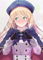 Rule 34 | 1girl, artoria caster (fate), artoria caster (second ascension) (fate), artoria pendragon (fate), beret, black gloves, blonde hair, blue cape, blue hat, blush, breasts, buttons, cape, double-breasted, dress, fate/grand order, fate (series), gloves, green eyes, hat, heart, heart hands, highres, hood, hooded cape, long hair, long sleeves, looking to the side, lucky ckm, multicolored cape, multicolored clothes, red cape, small breasts, smile, sweatdrop, tearing up, twintails, white dress