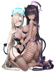 Rule 34 | 2girls, absurdres, ass, asuna (blue archive), black footwear, black hair, black tail, black thighhighs, blue archive, blue halo, blush, breasts, brown horns, closed mouth, dark-skinned female, dark skin, demon horns, demon tail, fake horns, fishnet pantyhose, fishnets, grin, hair over one eye, halo, high heels, highres, horns, karin (blue archive), large breasts, legs, light brown hair, long hair, looking at viewer, mole, mole on breast, multiple girls, pantyhose, purple footwear, purple halo, purple tail, ralac, simple background, smile, tail, thighhighs, white background, yellow eyes