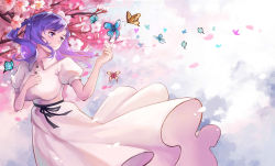 Rule 34 | 1girl, absurdres, black ribbon, breasts, bug, butterfly, cherry blossoms, chinese commentary, closed mouth, collared dress, commentary request, dress, fate/stay night, fate (series), hair ribbon, hand on own chest, hand up, highres, insect, large breasts, light smile, long hair, looking afar, matou sakura, nekocat, official alternate costume, puffy short sleeves, puffy sleeves, purple eyes, purple hair, red ribbon, ribbon, short sleeves, solo, upper body
