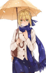Rule 34 | 1girl, ahoge, artoria pendragon (all), artoria pendragon (fate), bag, black pantyhose, blonde hair, blue skirt, blush, breasts, breath, character doll, coat, fate/stay night, fate (series), green eyes, charm (object), long sleeves, mizu (dl7613), no nose, official alternate costume, pantyhose, saber (fate), saber lion, scarf, short hair, shoulder bag, skirt, snow, snowing, solo, umbrella, white background