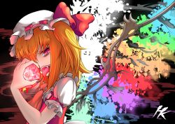 Rule 34 | 1girl, absurdres, ascot, bare arms, black nails, blonde hair, blood, bow, colorful, dripping, fangs, fingernails, flandre scarlet, frilled shirt, frilled shirt collar, frilled sleeves, frills, glowing, ha kang, hair over one eye, half-closed eye, hand up, hat, hat bow, hat ribbon, highres, holding, initial, long fingernails, looking at viewer, medium hair, mob cap, nail polish, open mouth, paint splatter, puffy short sleeves, puffy sleeves, red bow, red eyes, red ribbon, red vest, ribbon, sharp fingernails, shirt, short sleeves, side ponytail, slit pupils, smile, solo, tongue, tongue out, touhou, upper body, vampire, vest, wings