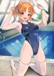 Rule 34 | 1girl, abe nana, animal ears, armpits, arms up, blonde hair, blush, breasts, collarbone, competition swimsuit, doushimasho, fake animal ears, gluteal fold, groin, highleg, highleg swimsuit, idolmaster, idolmaster cinderella girls, kneeling, looking at viewer, medium breasts, medium hair, one-piece swimsuit, open mouth, parted bangs, ponytail, pool, rabbit ears, red eyes, rei no pool, sidelocks, smile, solo, swimsuit, thighhighs, wet, white thighhighs, wristband