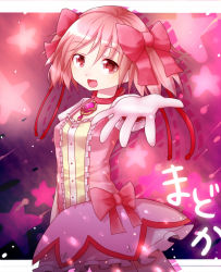 Rule 34 | 10s, 1girl, bad id, bad pixiv id, bow, character name, dress, female focus, gloves, gradient background, hair bow, hair ribbon, kaname madoka, magical girl, mahou shoujo madoka magica, mahou shoujo madoka magica (anime), meronpanna (mikoniito), open mouth, outstretched arm, outstretched hand, pink eyes, pink hair, ribbon, short hair, short twintails, smile, solo, twintails