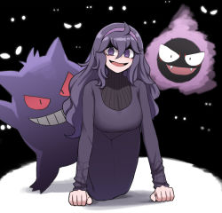 Rule 34 | @ @, all fours, bags under eyes, black dress, breasts, colored sclera, commentary, creatures (company), darkness, dress, english commentary, game freak, gastly, gen 1 pokemon, gengar, glowing, glowing eyes, hair between eyes, hairband, hex maniac (pokemon), highres, large breasts, long dress, long hair, looking at viewer, mata (matasoup), messy hair, nintendo, open mouth, pokemon, pokemon (creature), pokemon xy, purple eyes, purple hairband, red sclera, sexually suggestive, smile, teeth, turtleneck