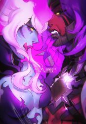 Rule 34 | 1boy, 1girl, alternate costume, alternate skin color, artist name, bad id, bad twitter id, breasts, colored skin, demon, dissonance of pentakill viego, evelynn (league of legends), fangs, glowing, glowing eyes, grey hair, hand up, highres, large breasts, league of legends, long hair, long tongue, looking at another, pink background, pink hair, red skin, satt (06satt), smile, teeth, tongue, tongue out, viego (league of legends), yellow eyes