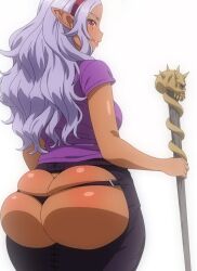 Rule 34 | 1girl, 2024, 20s, 3rd party edit, ass, ass cutout, ass focus, black panties, breasts, butt crack, clothing cutout, dark-skinned female, dark elf, dark skin, elf, elf-san wa yaserarenai., from behind, hairband, huge ass, kuroeda (elf-san wa yaserarenai.), large breasts, long hair, looking at viewer, looking back, mole, mole under eye, panties, plump, pointy ears, purple hair, red eyes, skindentation, smile, solo, spanking skirt, staff, stitched, tagme, thick thighs, thighs, third-party edit, underwear
