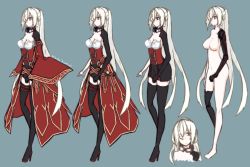 Rule 34 | 1girl, bad id, bad pixiv id, boots, breasts, character sheet, detached sleeves, goggles, long hair, mikoto (oi plus), multiple views, nude, pale skin, ponytail, simple background, thighhighs, very long hair, white hair