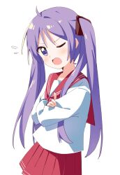 Rule 34 | 1girl, blush, crossed arms, flying sweatdrops, haru (konomi 150), highres, hiiragi kagami, long hair, long sleeves, looking at viewer, lucky star, one eye closed, open mouth, pleated skirt, purple eyes, purple hair, red sailor collar, red skirt, ryouou school uniform, sailor collar, school uniform, simple background, skirt, solo, twintails, white background