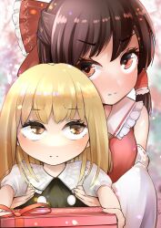 Rule 34 | 2girls, bare shoulders, blonde hair, blush, bow, box, breasts, brown hair, closed mouth, detached sleeves, expressionless, foreshortening, frilled shirt collar, frills, gift, gift box, hair bow, hair tubes, hakurei reimu, highres, holding, holding box, incoming gift, kirisame marisa, long sleeves, looking at another, looking at viewer, looking up, multiple girls, no headwear, nodoguro (phi-tan), outstretched arms, pink eyes, small breasts, touhou, v-shaped eyebrows, yuri