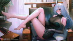 Rule 34 | architecture, bare shoulders, barefoot, black dress, blue eyes, breasts, couch, cushion, dress, east asian architecture, elbow gloves, genshin impact, gloves, gradient eyes, grey hair, large breasts, long hair, multicolored eyes, on couch, one eye covered, petals, shenhe (genshin impact), sidelocks, turewindwalker, very long hair, white hair