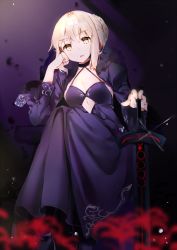 Rule 34 | 1girl, argyle, argyle clothes, argyle cutout, artoria pendragon (all), artoria pendragon (fate), bad id, bad pixiv id, black dress, blonde hair, breasts, character cutout, cleavage, clothing cutout, crossed legs, dress, fate/stay night, fate (series), gothic lolita, hair between eyes, hand on hilt, head tilt, highres, lolita fashion, long dress, looking at viewer, medium breasts, ongyageum, open mouth, saber alter, short hair with long locks, sidelocks, sitting, sleeveless, sleeveless dress, solo, sparkle, yellow eyes