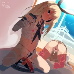 Rule 34 | 1boy, 1girl, after vaginal, aftersex, amatsukaze (kancolle), ass, bad id, bad twitter id, black eyes, black hairband, black neckerchief, black panties, blonde hair, censored, crop top, cum, cum in pussy, cumdrip, dated, elbow gloves, erection, ettone, gloves, hairband, heart, heart censor, highleg, highleg panties, highres, kantai collection, long hair, looking at viewer, miniskirt, navel, neckerchief, panties, penis, sailor collar, shimakaze-kun, shimakaze (kancolle), shirt, skirt, solo focus, squatting, testicles, thighhighs, top-down bottom-up, trap, trap on female, underwear, unworn skirt, v, white gloves, white shirt, white thighhighs